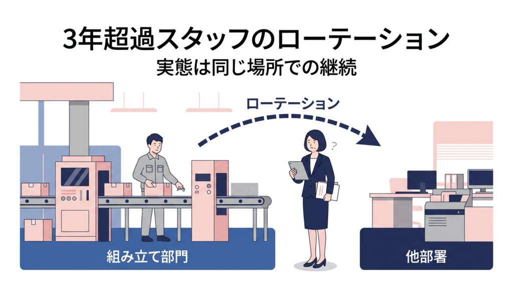 【図解】み立て部門の3年超過スタッフを他部署へローテーションしたつもりが、実態は同じラインでの配属継続とみなされ、労働局から是正勧告を受けてしまいます。